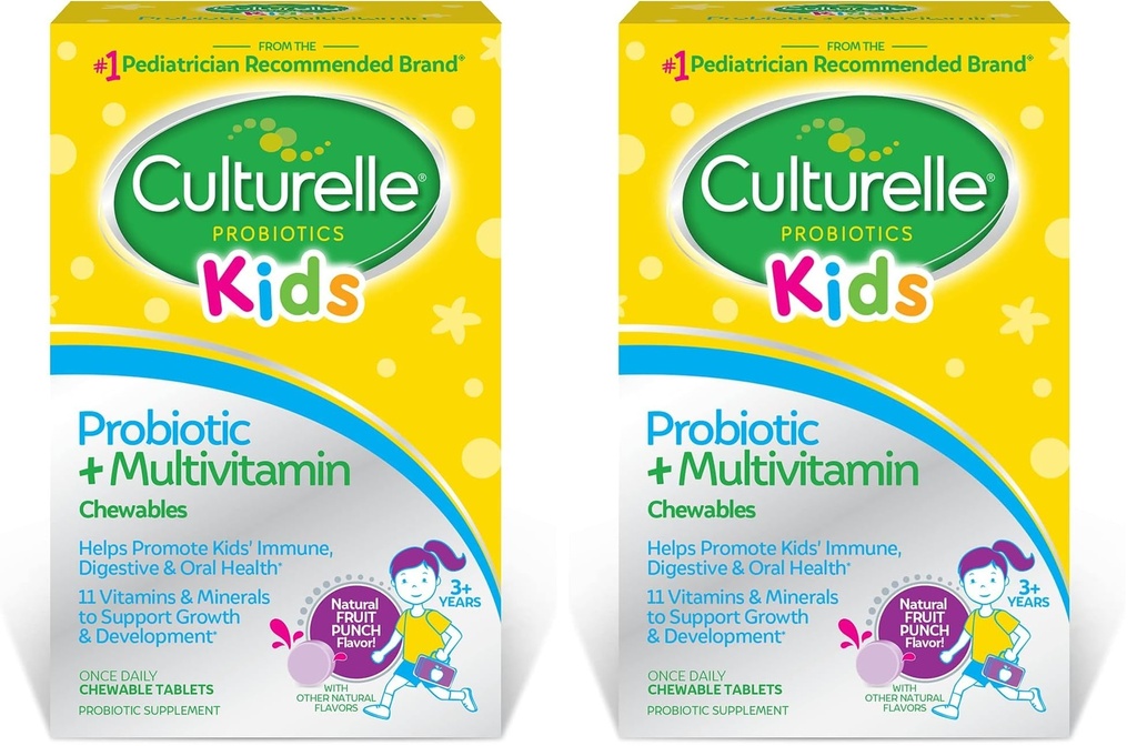 Culturelle Kids Probiotique + Complete Multivitamin Chewable for Kids,Age 3+,Santé Digestive,Santé Orale &Immune Soutien-avec 11 Vitamines et Minéraux, incluant Vitamine C,D3-&Zinc,30 Compte (paquet de 2)