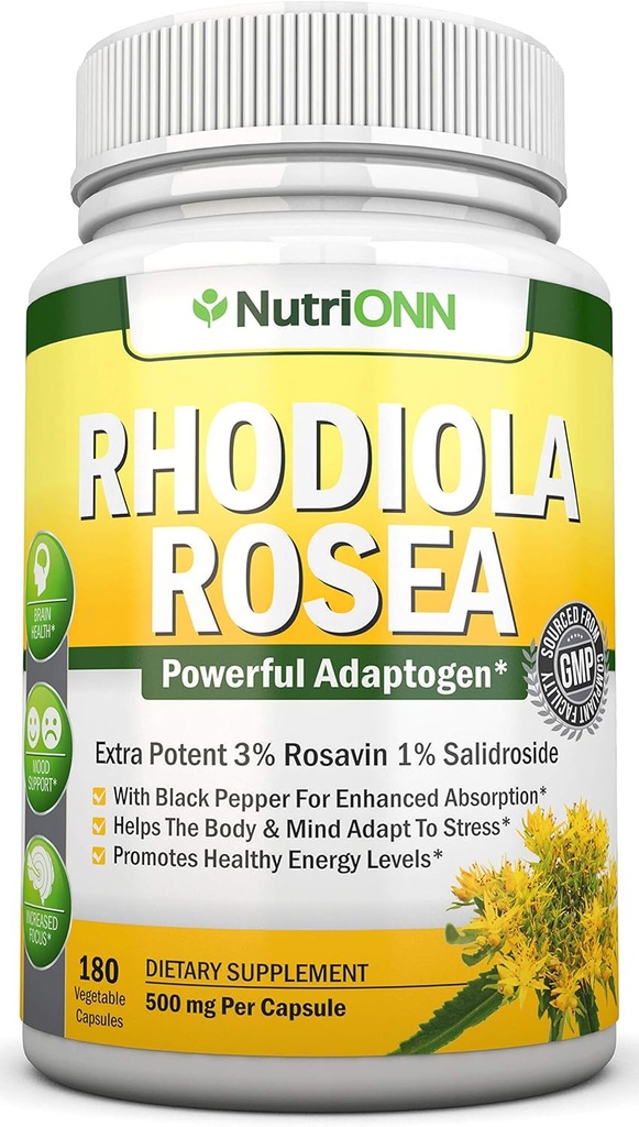 Rhodiola Rosea - 500mg - 180 Capsules Vegan - 3% Rosavin 1% Extrait de Salidroside - Non-OGM - avec poivre noir pour l'absorption accrue - 6 mois d'approvisionnement - Supplément pour l'énergie et l'endurance