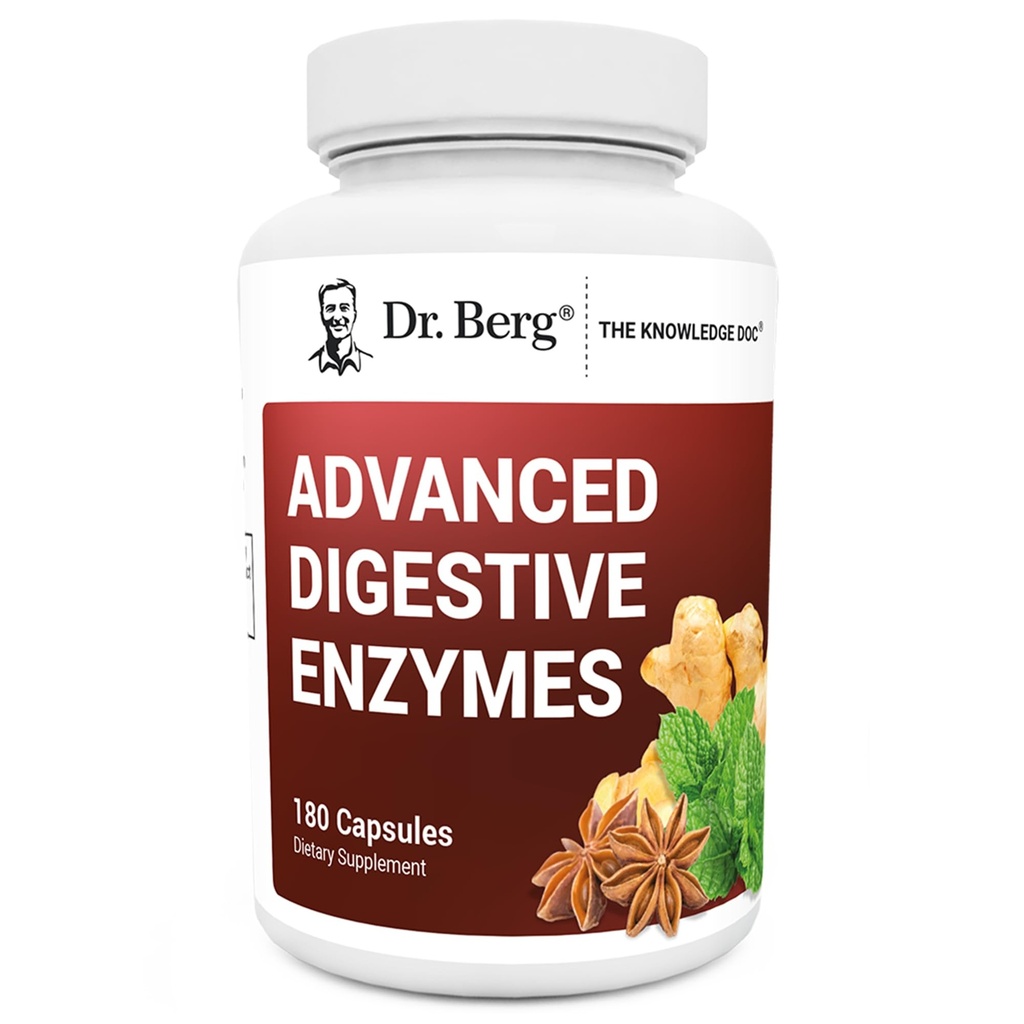 Dr Berg Enzymes digestifs avancés avec vinaigre de cidre de pomme - Comprend des ingrédients digestifs comme le chlorhydrate de bétaïne (HCI), la racine de gingembre et la feuille de menthe poivrée - 180 capsules