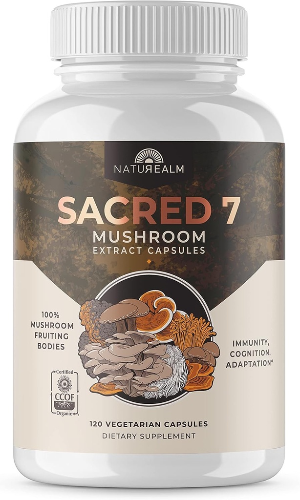 Naturealm Sacred 7 Poudre de Champignon Bio pour Café - Supplément de Champignon Premium Mélange avec Lions Mane, Reishi, Chaga - USDA Mélange Bio de Bien-Être quotidien (120 Compte (paquet de 1), Sacred 7)