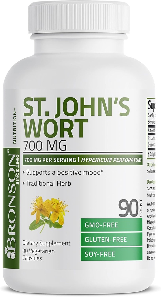 Bronson St. John's Wort 700 MG par portion Hypericum Perforatum soutient une humeur positive - non-OGM, 90 capsules végétariennes
