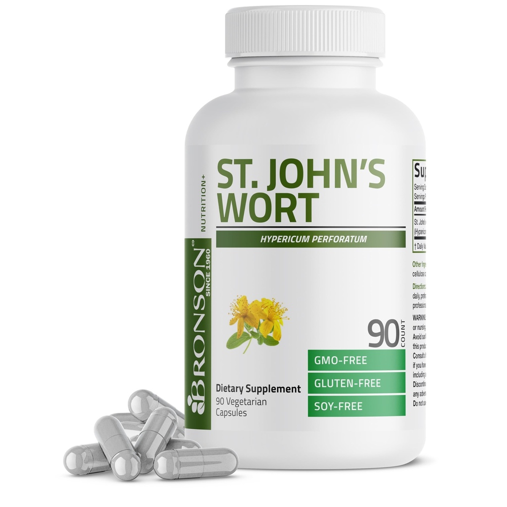 Bronson St. John's Wort 700 MG par portion Hypericum Perforatum soutient une humeur positive - non-OGM, 90 capsules végétariennes