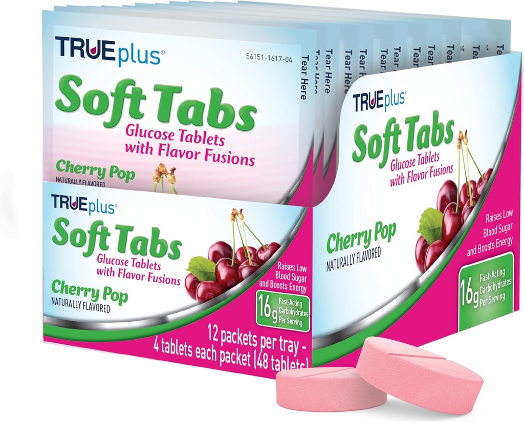 Comprimés de glucose TRUEplus® Soft Tabs – 12 paquets – 48 onglets (Cherry Pop)