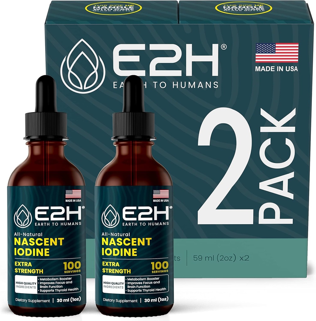 E2H Iodine liquide végane - Support thyroïde et fonction cognitive - Boostez votre métabolisme et vos niveaux d'énergie - Vegan - Non-OGM (2 bouteilles)