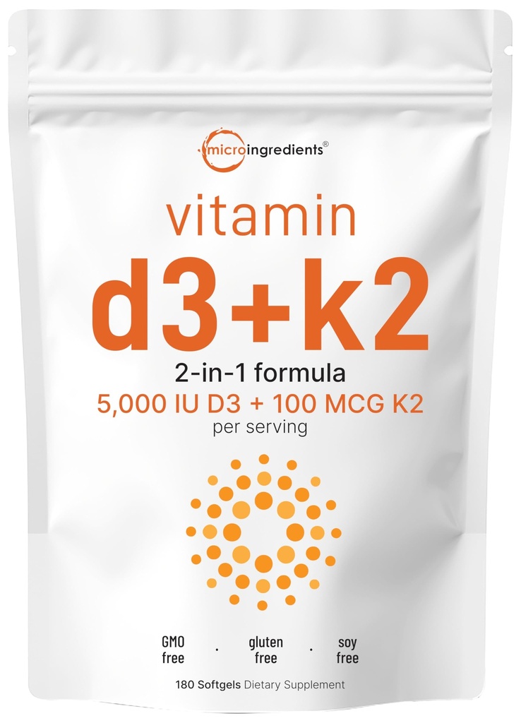 Micro-ingrédients Vitamine D3 5 000 UI + K2 MK-7 100 mcg, 180 Softgels