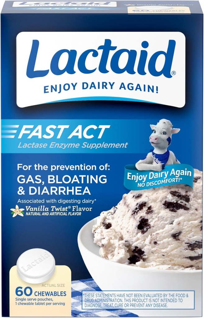 Lactaid Fast Act Lactose Intolérance Relief Chewables with Natural Lactase Enzyme to prevent Gas, Bloaging & Diarrhée Du fait de la sensibilité à la lactose, On-the-Go, Vanilla Twist Flavor, 60 x 1 ct