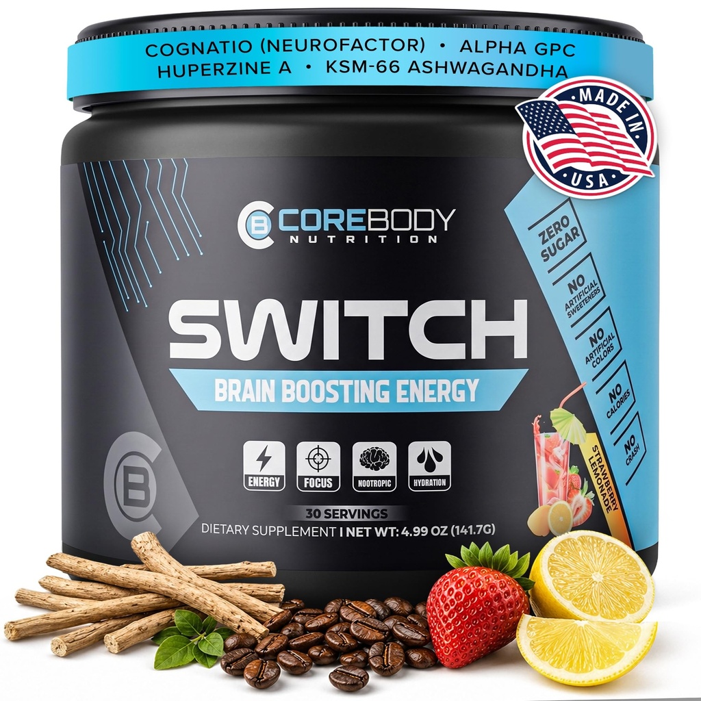 Switch, Cerveau Boosting Nootropic Energy Supplément Poudre - Fabriqué aux États-Unis - Alpha GPC, NALT, Ashwagandha, sans sucre énergie, Keto, Augmenter la concentration mentale et la fonction cognitive, améliore l'humeur et la mémoire
