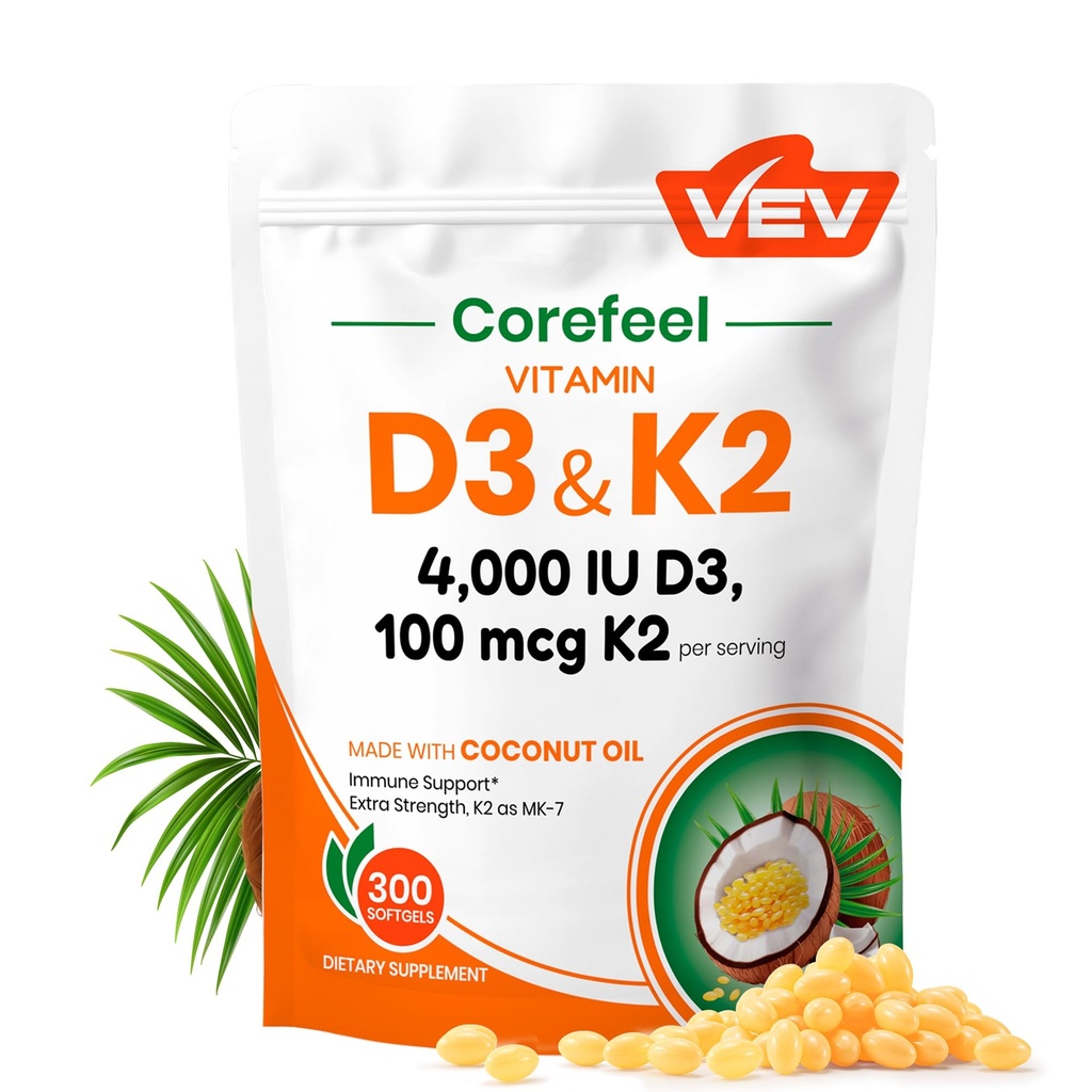 VEV Vitamine D3 K2 4 000 UI, 100 mcg MK-7, 300 softgels à l'huile de coco, supplément de vitamine K2 D3 facile à avaler, soutien nutritionnel quotidien