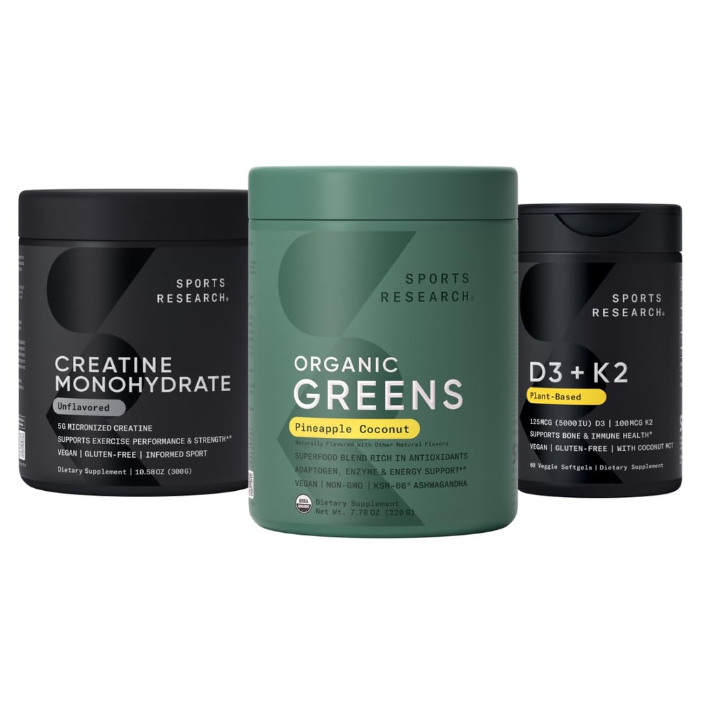 Sports Research® Ananas biologiques Verts de noix de coco, créatine monohydratée et vitamine D3 5000iu + vitamine K2 100mg
