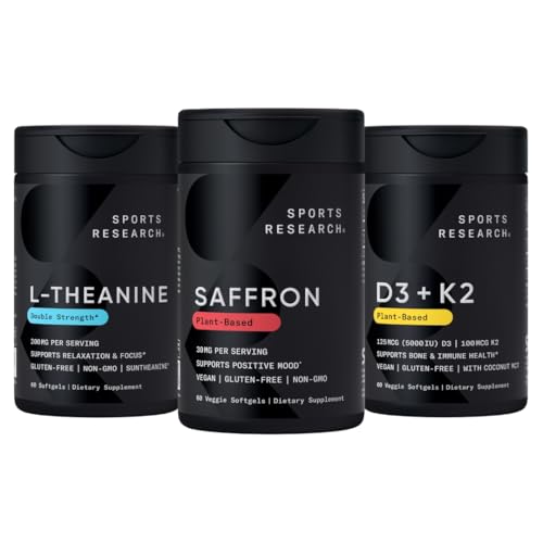 Sports Research® Stress Support Pack - Pure Saffron Supplement, 30 mg + Double Strength L-Theanine Supplement + Vitamin D3 + K2 5000 IU