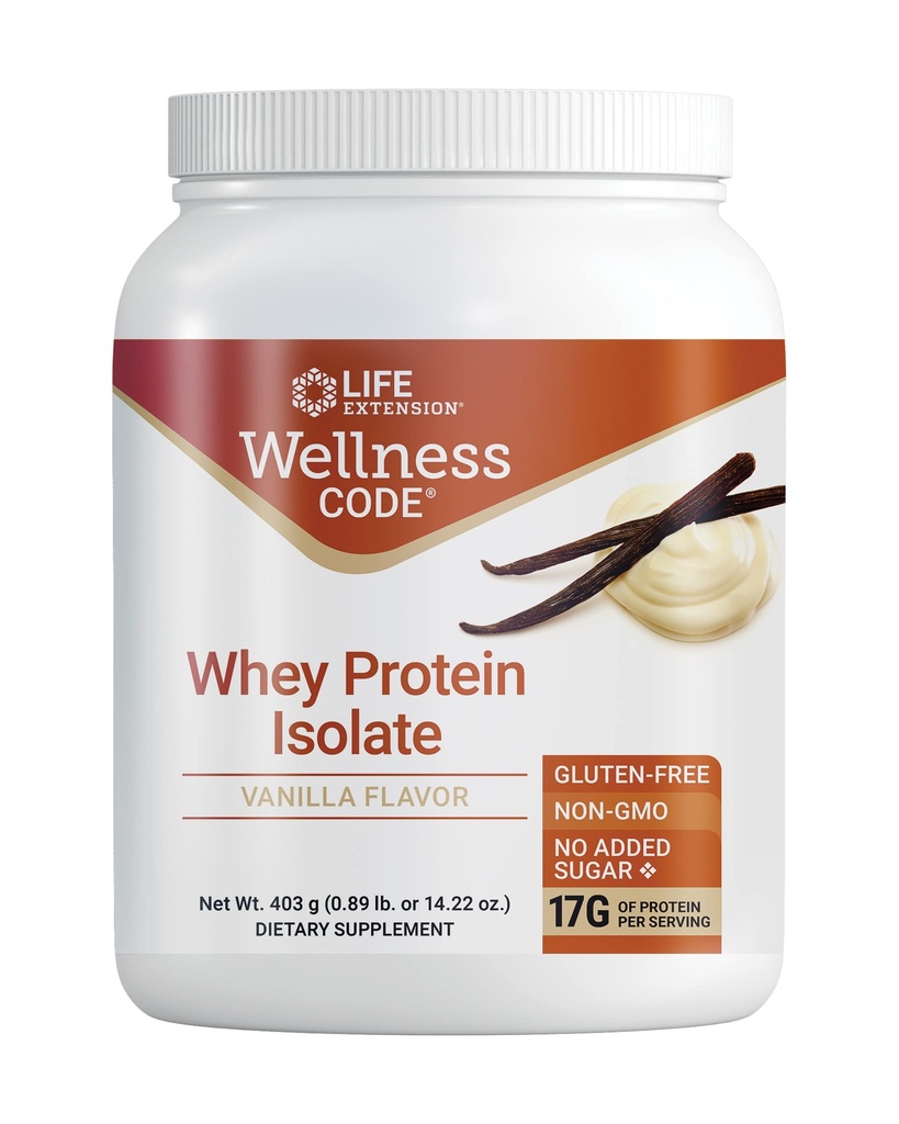 Life Extension Wellness Code® Whey Protein Isolate (Vanilla), Protéines et acides aminés ramifiés pour la croissance musculaire et la santé immunitaire, sans sucre ajouté, sans gluten, sans OGM, 403 Grams (20 portions)