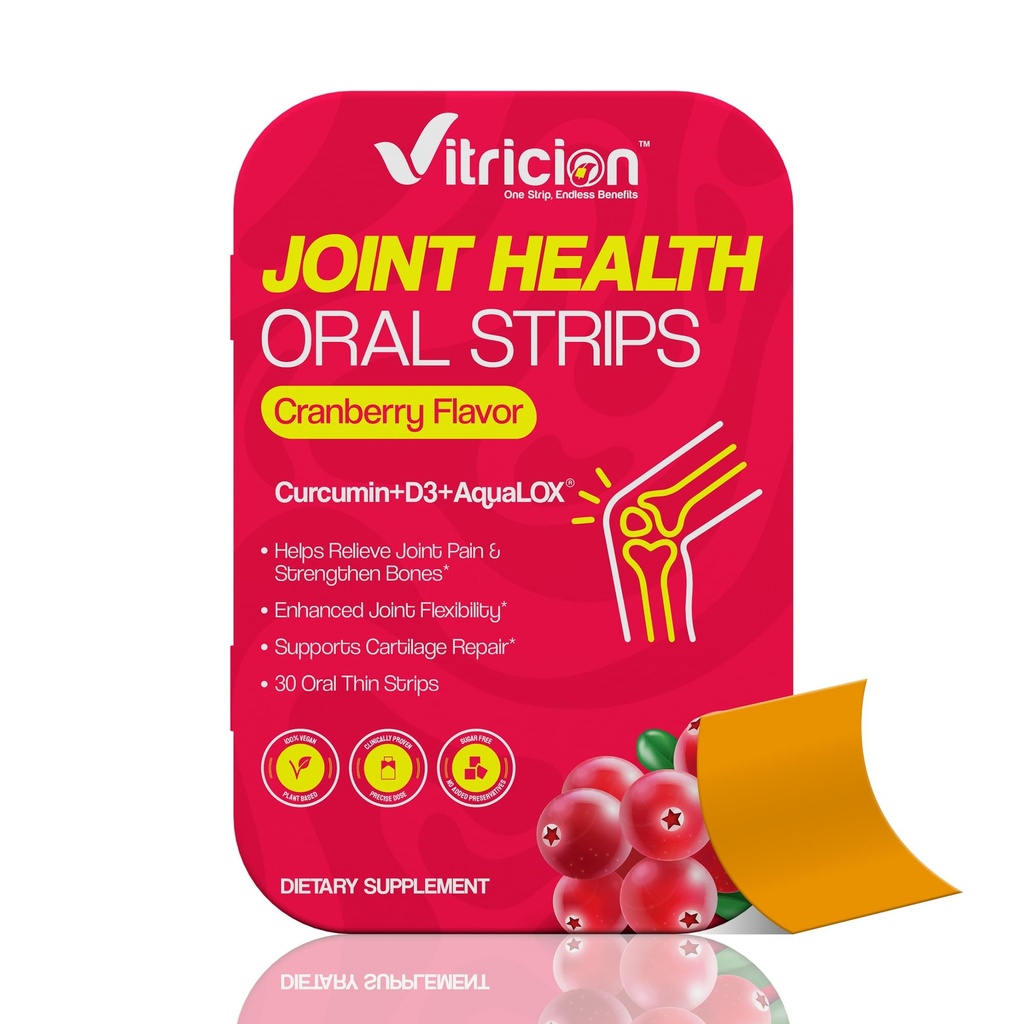 Vitricion Joint Support Oral Strips 30 Fast Dissolving Oral Thin Strips Vegan, Non-GMO Strips with Curcumin, Vitamin D3 & AquaLOX | Supports Joint Health, Mobility & Flexibility | Plant-Based Cranberry Flavour