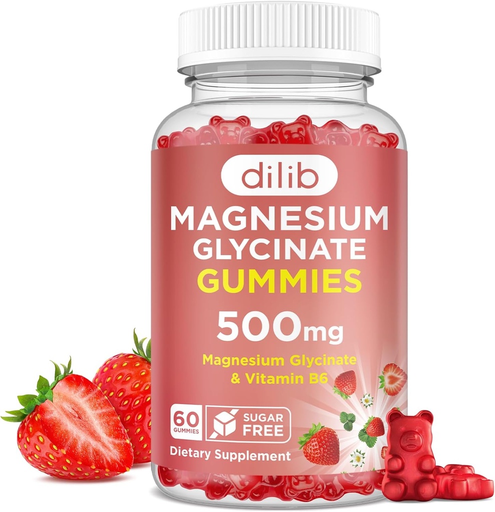 Magnésium Glycinat Gommies 500mg - Supplément de magnésium avec vitamine B6 pour les adultes et Magnésium pour les enfants - Magnésium calme pour le sommeil, l'humeur, le soutien musculaire - Flaveur de fraises, 60 Gommies