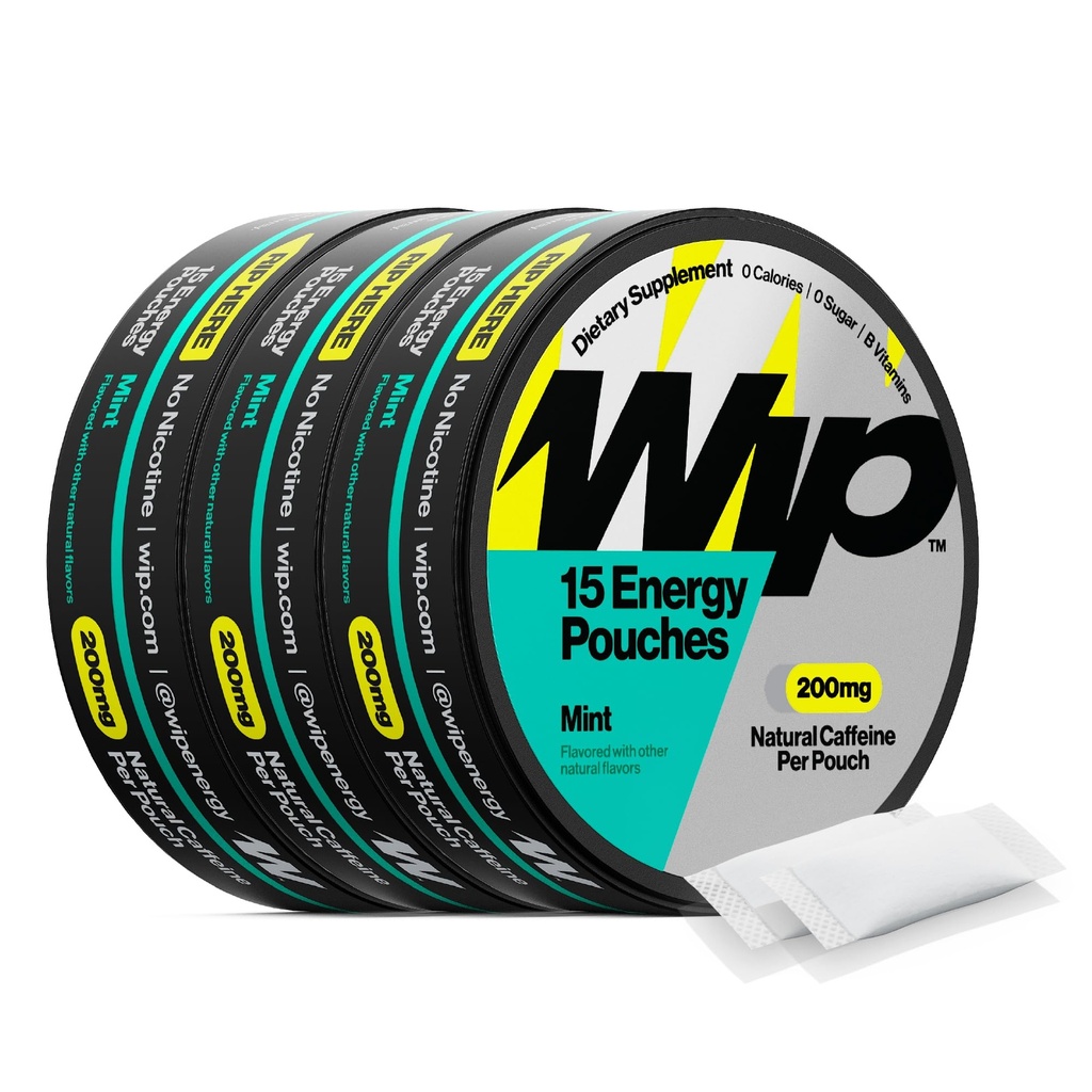 Pochettes pour Wip Energy, mélange sans sucre avec 200 MG de caféine naturelle, B de vitamines, minéraux et L de théanine pour le soutien énergétique, préentraînement pour les styles de vie actifs, menthe, 3 boîtes, 15 poches par boîte