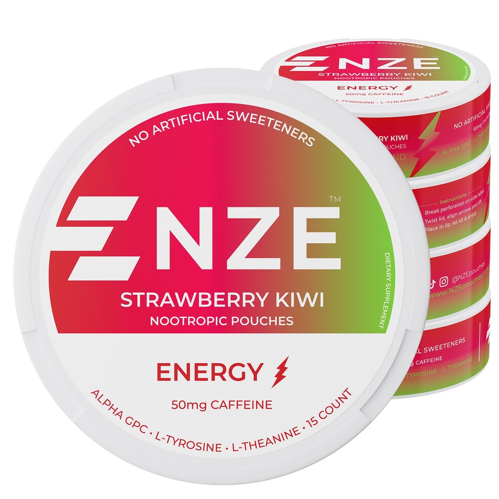NZE Caffeine Nootropic Pouches (Strawberry Kiwi) - Energy Pouches with 50mg Caffeine, Alpha GPC, L-Tyrosine & L-Theanine - No Sugar or Artificial Sweeteners - 15 Nicotine Free Pouches Per Can - 5 Pack
