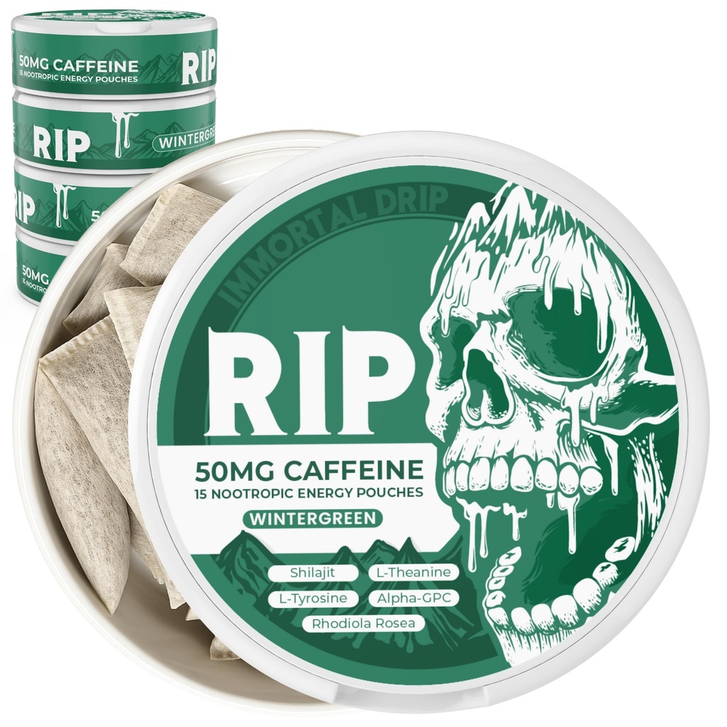 Poupées d'énergie nootropique RIP d'Immortal Drip (Wintergreen) – 5 Canettes – 15 Pouches par Canette – Énergie propre et support focal – 50mg Caféine, Shilajit, Alpha-GPC, L-Tyrosine, Rhodiola