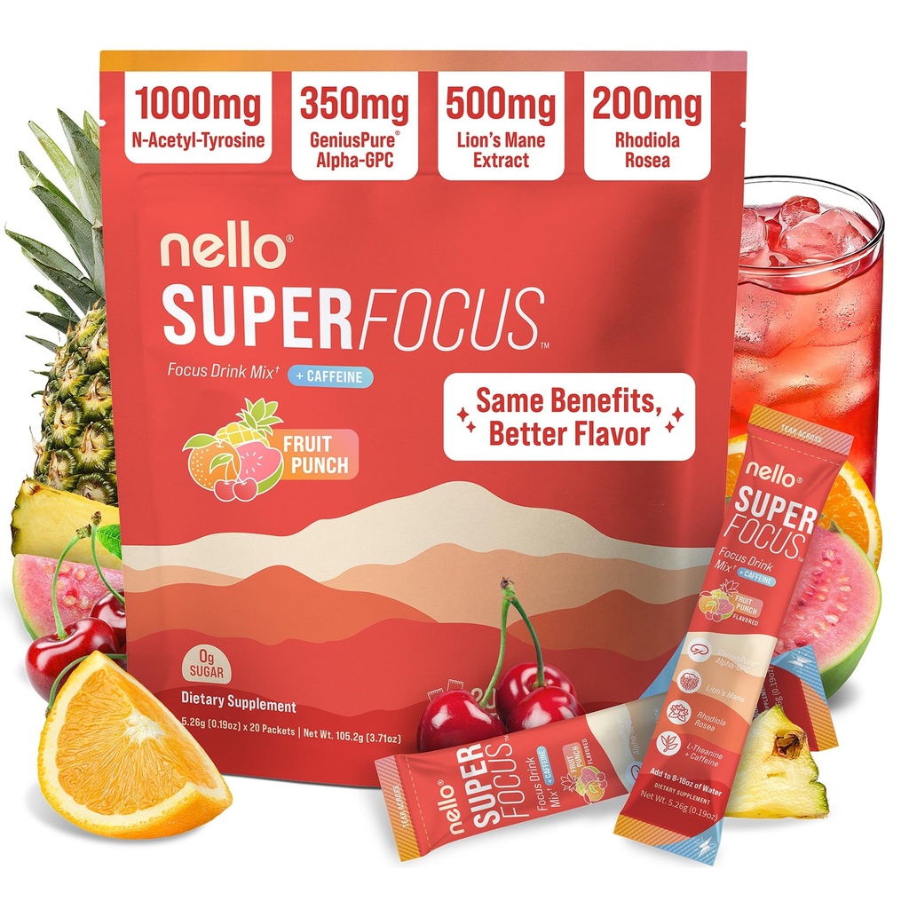 Nello Superfocus – Nootropic Focus Drink Mix for Productivity, L-Theanine, Rhodiola Rosea, Alpha-GPC, Lion’s Mane, Tyrosine, Sugar-Free Packets (20 Servings (Caffeine), Fruit Punch)