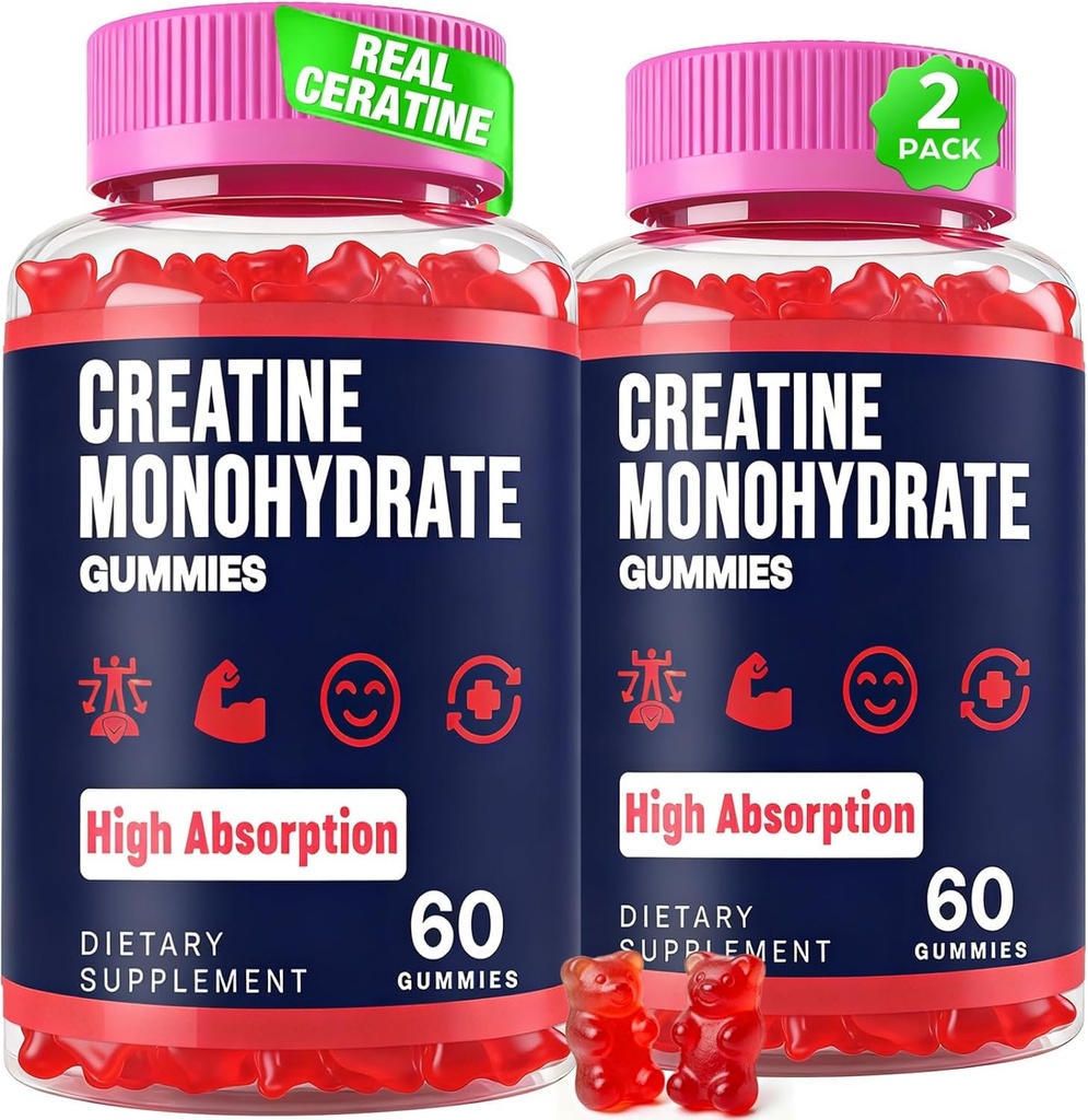 Gommies monohydratées de créatine pour les femmes et les hommes, Taurine & B6, Gommies préentraînement de Créatine à croquer pour la croissance musculaire et la force maximale, l'énergie, l'endurance, la créatine pour les hommes et les femmes - 2 bouteilles