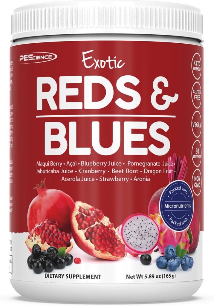 PEScience Reds & Blues Superfoods Poudre, 30 portions, supplément de Myo-Inositol, poudre de racine de betterave, grenade et extrait d'açai, mélange de fruits antioxydants séchés au gel