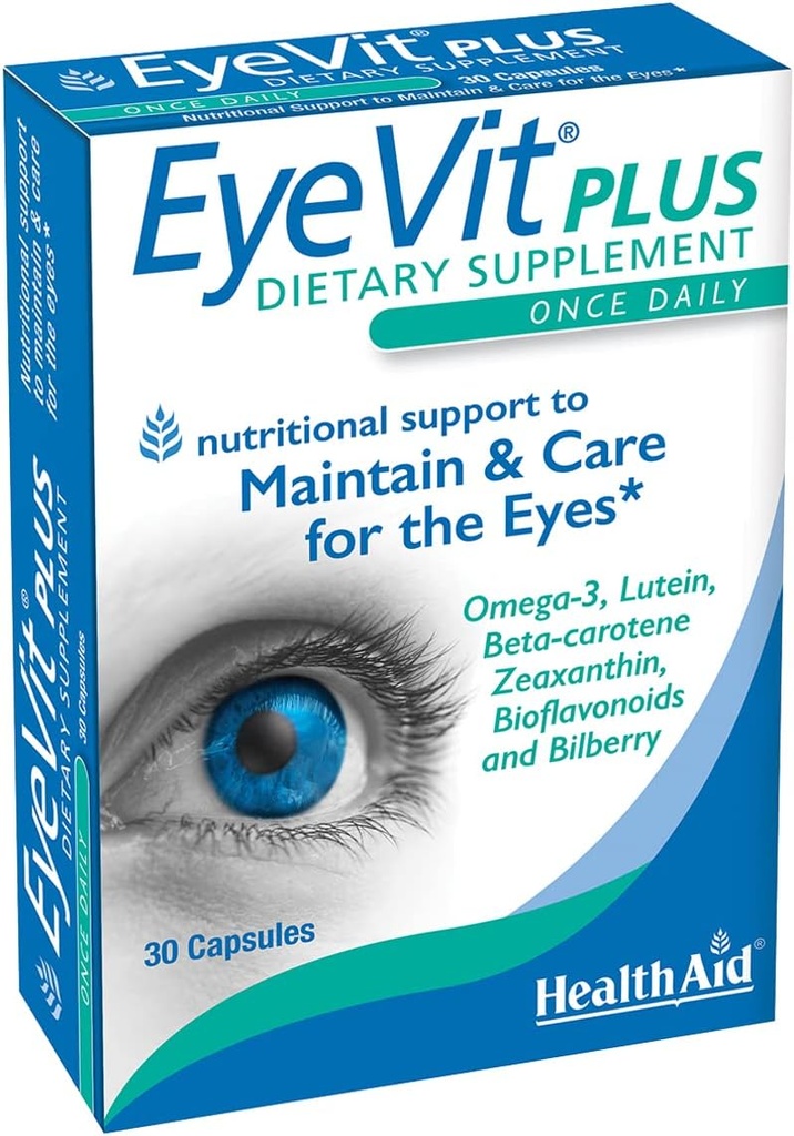 EyeVit Plus – Once-Daily Eye Health Supplement | 30 Capsules | Contains Omega-3, Lutein, Beta-Carotene, Zeaxanthin, Bioflavonoids & Bilberry