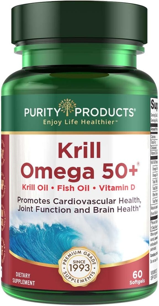 Produits de pureté Krill Omega 50 (Krill + Mélange d'huile de poisson 1000mg + Astaxanthine 500mcg + Phospholipides 200mg + Vitamine D 500 UI) - 60 Mini Softgels