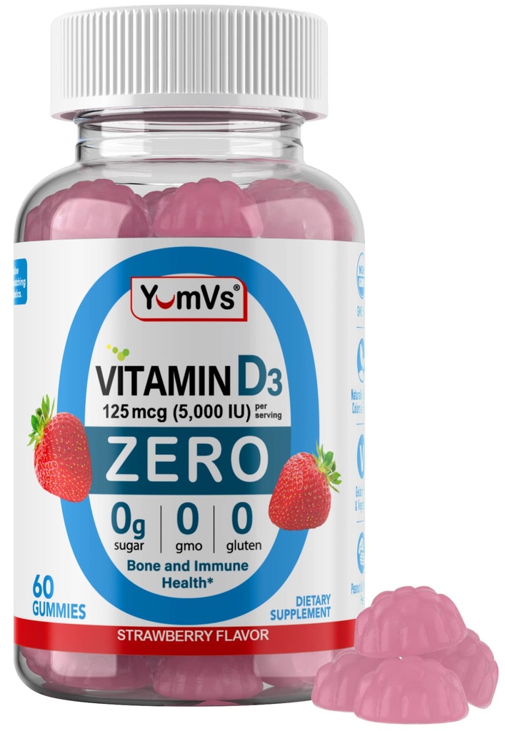 Yum-Vs - Gommies Vitamine D3 avec zéro sucre pour les adultes et les enfants (125 mcg - 60 Compte) - Gommies Vitamine D sans sucre - Végétariens Vitamines Gommy pour le soutien des os et la santé immunitaire - Vit D3 Vitamine à croquer