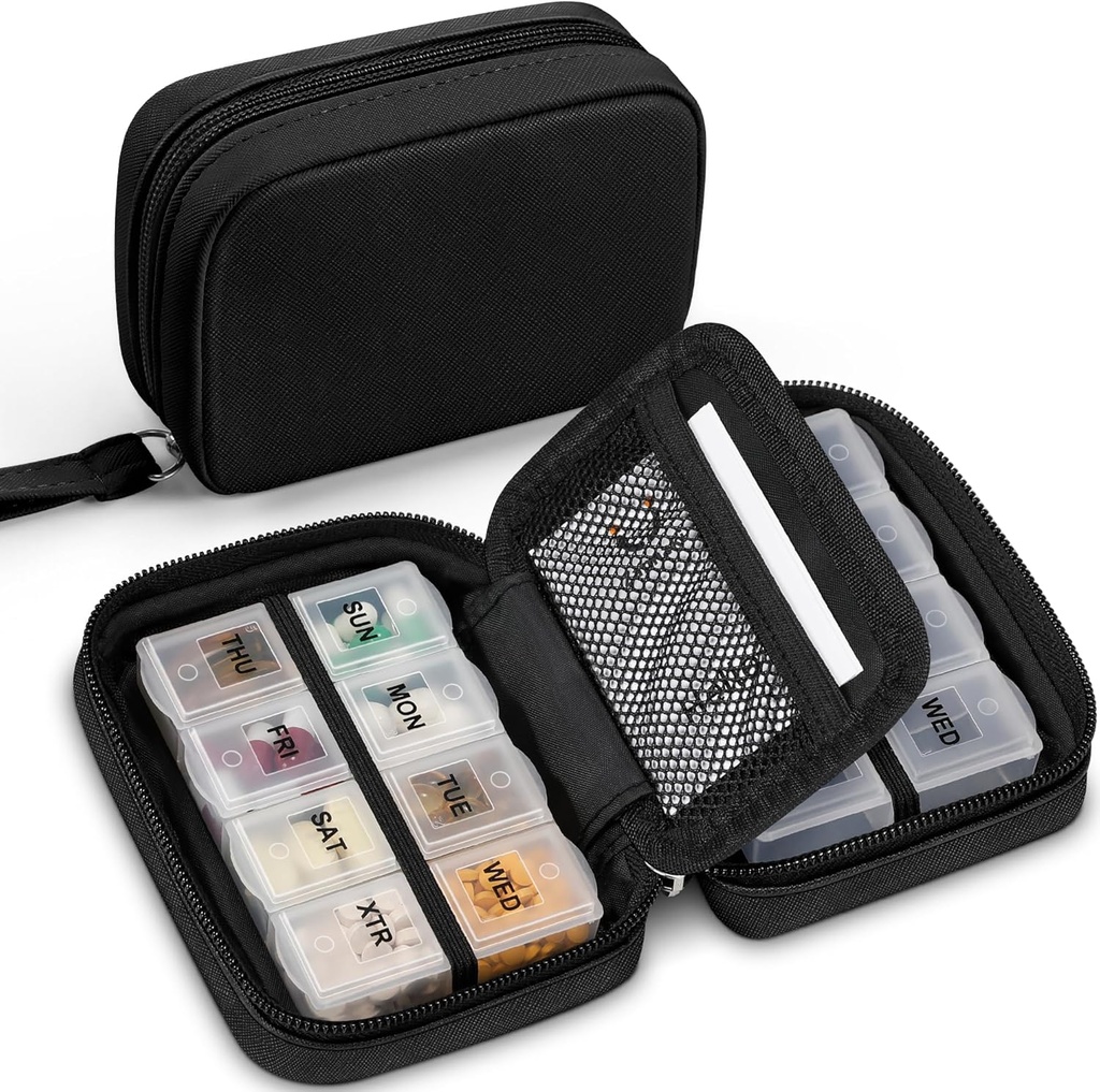 Zannaki Cute Pill Organizer for Purse with Two Amovible 7-Day Pill Box, Travel PU Pill Case, Portable Weekly Pill Container with Storage Bag to Hold Vitamines, Fish Oils, Suppléments (Noir)