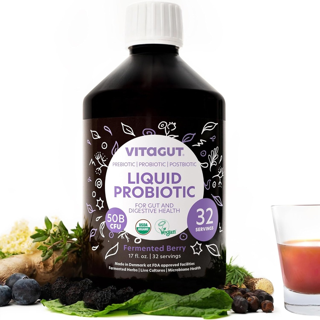 VITAGUT Probiotiques liquides, prébiotiques et postbiotiques 3-en-1 Probiotiques biologiques vivants pour les femmes et les hommes - Probiotiques pour la santé digestive, 50 milliards d'UFC, 19 herbes fermentées, Probiotique végétalien pour la santé des intestins