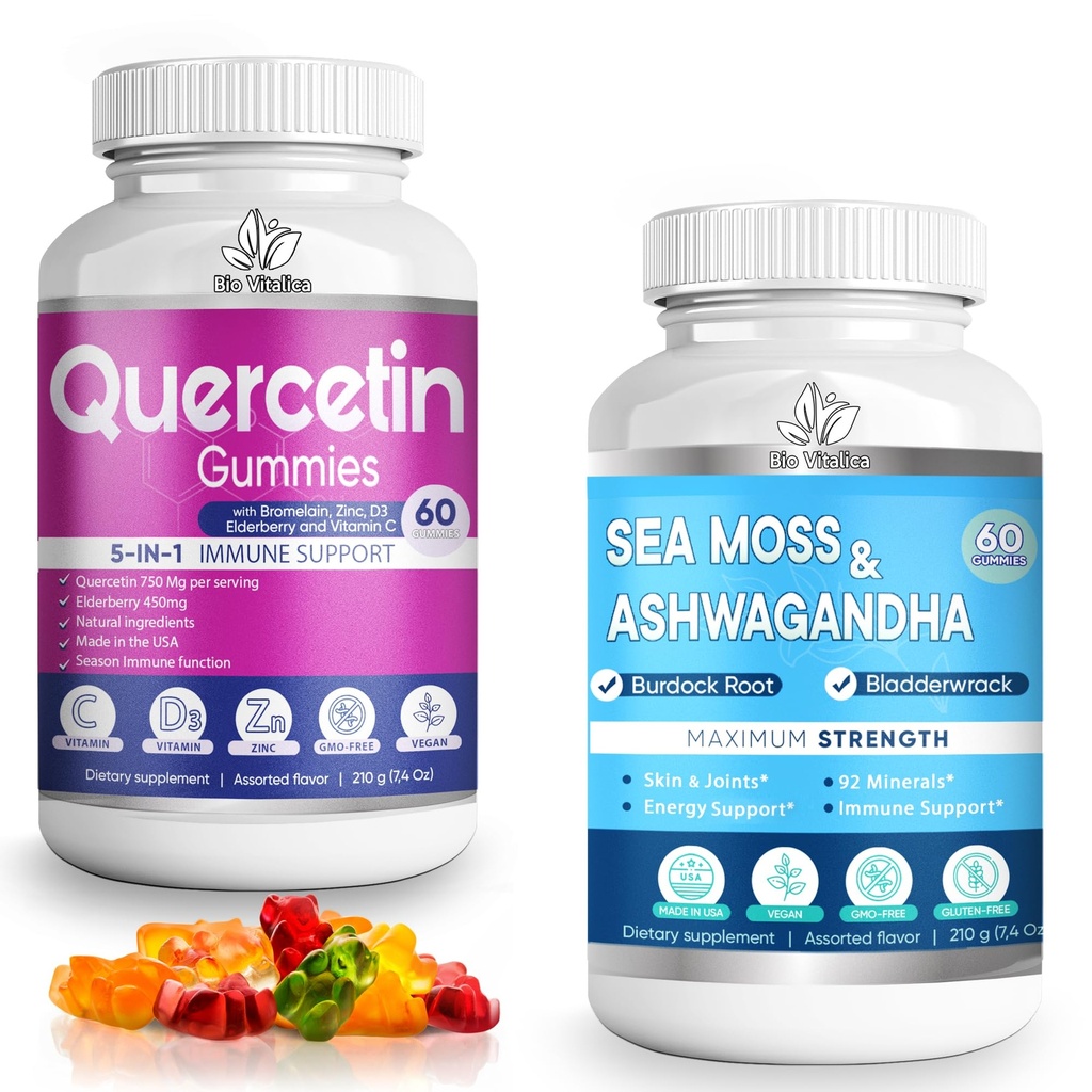 BioVitalica Sea Moss Ashwagandha & Quercetin Gummies (Bundle) with Bromelain Vitamin C and Zinc & Elderberry + Vitamin D3-5 in 1 Immune Support