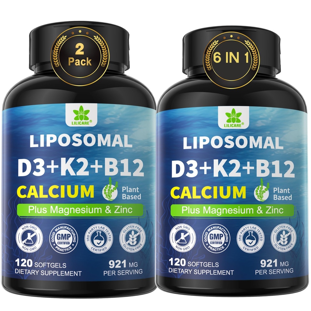 6-in-1 Liposomal Vitamin D3 K2 Calcium Supplement - Plant Based Calcium 600mg with Vegan Vitamin D3 5000 iu + Vitamin K K2 MK7 + B12, Algae Ca-lcium Magnesium Zinc for Bone, Softgels, 2 Pack