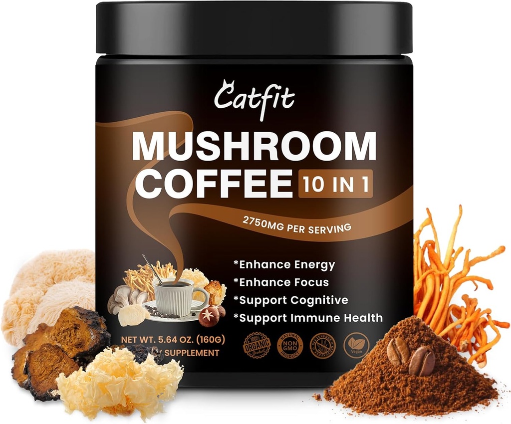 Poudre de café de champignons Catfit, 10 suppléments de mélange de champignons avec la Mane du Lion, Chaga, Cordyceps, L-Theanine pour l'énergie, Focus, Cognitif et Immunity, 50 Servir