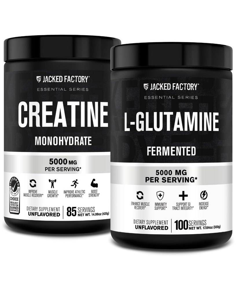Poudre monohydratée en créatine de l'usine Jacked 425g, 85 SV & L-Glutamine Supplément 500g, 100 SV - Pas de remplissage artificiel, non aromatisé