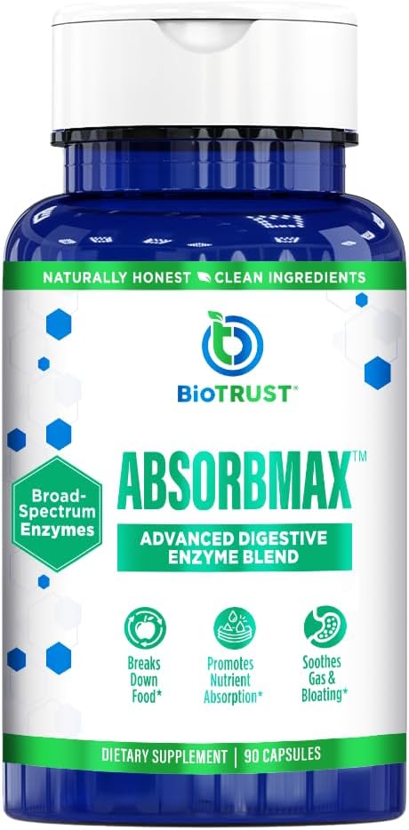 BioTrust AbsorbMax Mélange d'enzyme digestive à large spectre, sans gluten, sans OGM, support digestif pour la digestion des nutriments, l'absorption et le malaise digestif et le gonflement périodiques