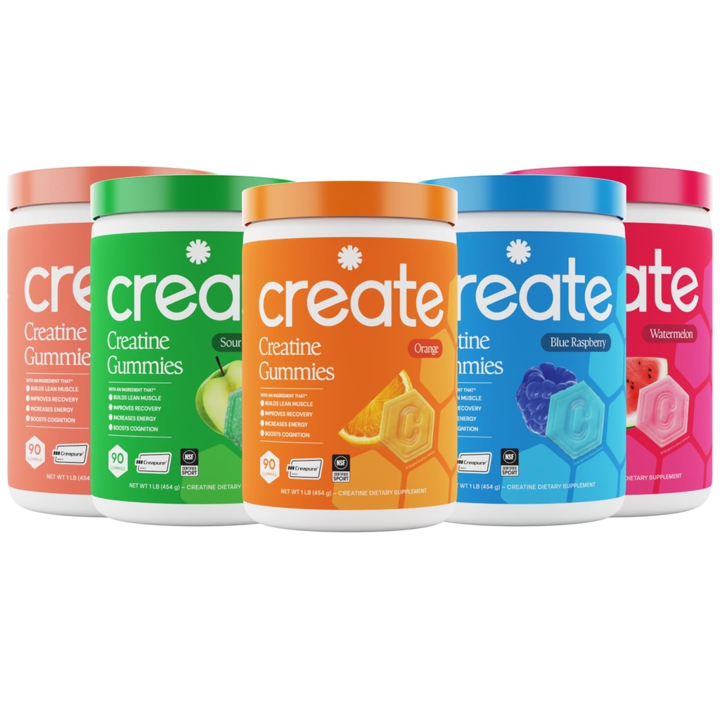 Creatine Monohydrate Gommies - High Five Bundle - Sour Peach, Sour Apple, Pastèque, Blue Raspberry & Orange - Creatine Gommies pour femmes et hommes, NSF certifié, 3ème partie testée, (5-Pack)