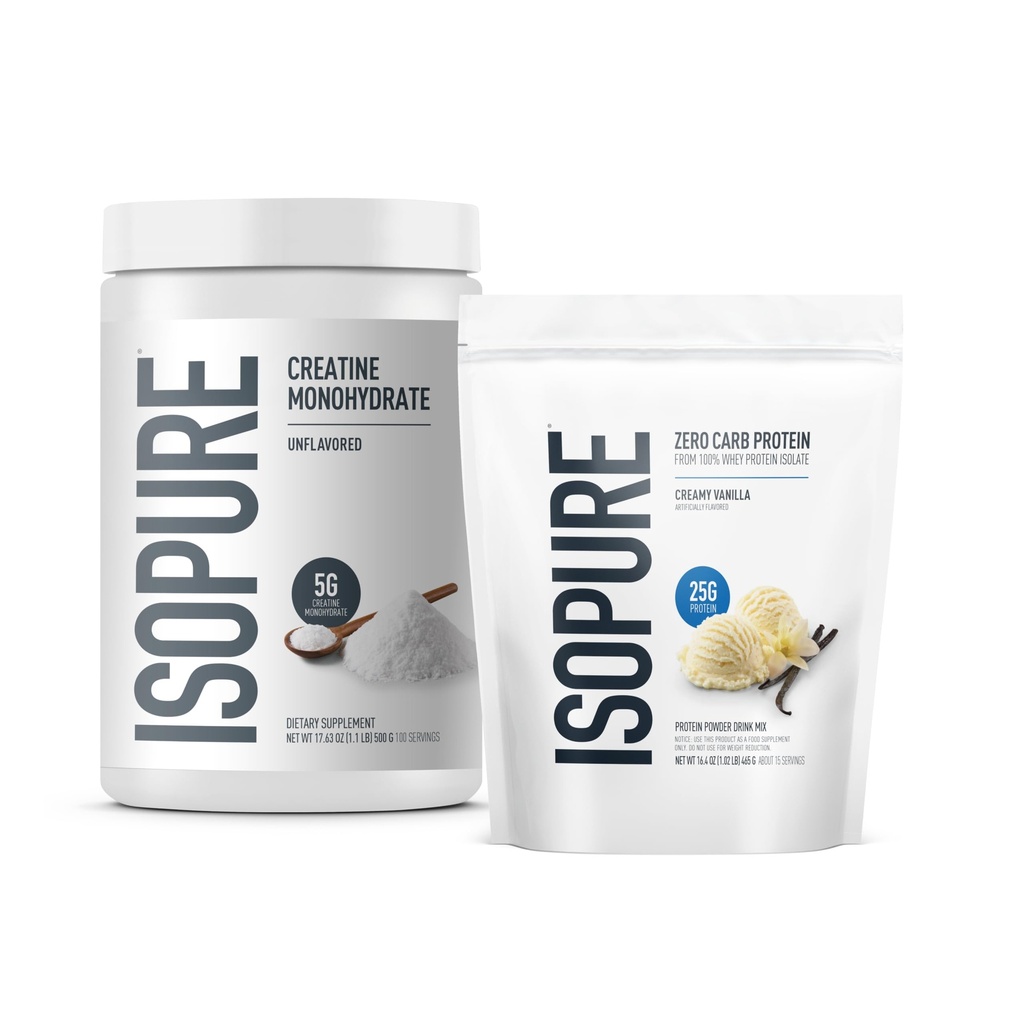 Ensemble isopur de Zero Carb 100% Pure Whey Isolate Protéine Poudre, Vanille crémeuse, 25g Protéine par portion, 1 Lb, 14 portions + Isopure 100% Pure Creatine Monohydrate Poudre, 100 portions