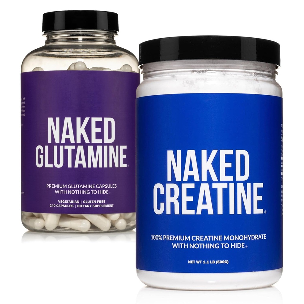 NAKED Pure Micronized Creatine Monohydrate 100 portions + Pure L-Glutamine 240 capsules Bundle: Vegan, Non-GMO, Sans gluten. Minimiser la ventilation musculaire et améliorer la synthèse protéique. Rien d'artificiel