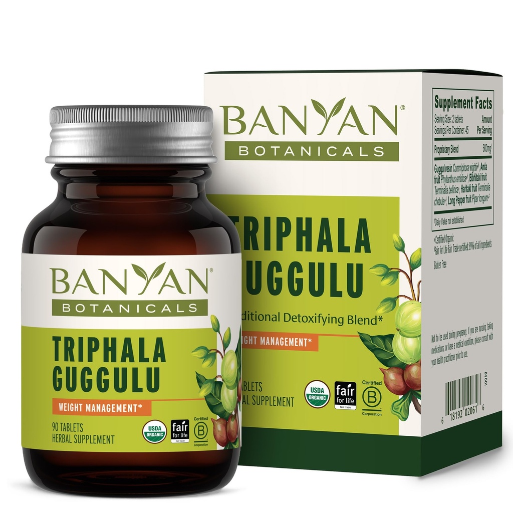 Banyan Botanicals Triphala Guggulu – Supplément biologique Triphala avec la résine de Guggulu – Supplément de désintoxication à base de plantes pour soutenir la digestion saine* – 90 comprimés – Vegan non-OGM source durable