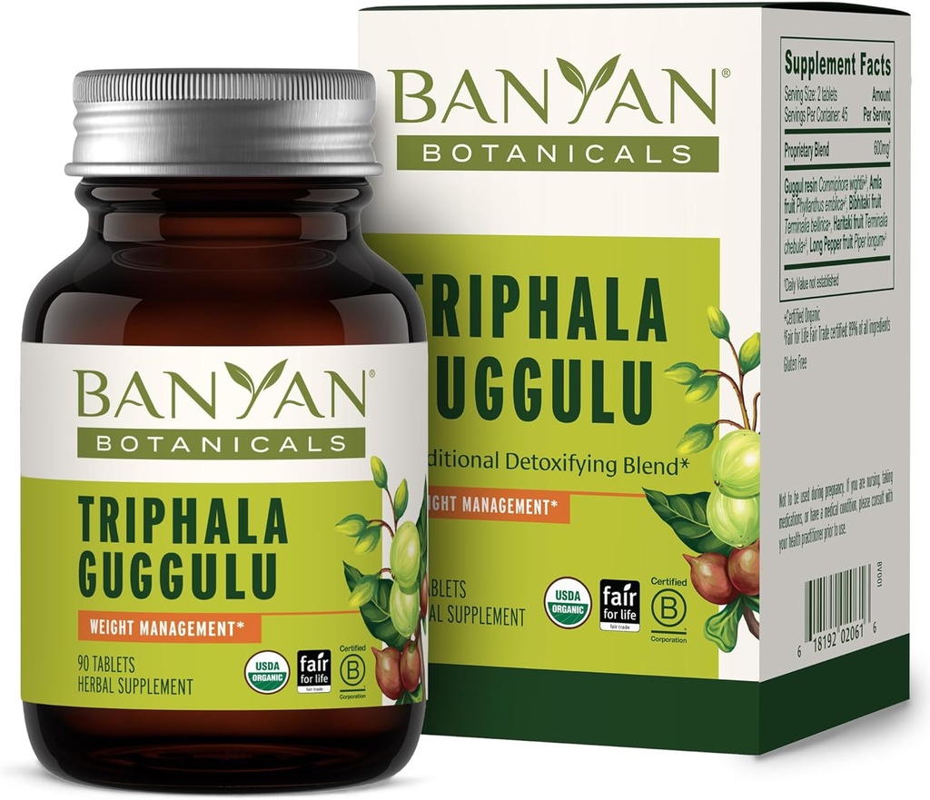 Banyan Botanicals Triphala Guggulu – Supplément biologique Triphala avec la résine de Guggulu – Supplément de désintoxication à base de plantes pour soutenir la digestion saine* – 90 comprimés – Vegan non-OGM source durable
