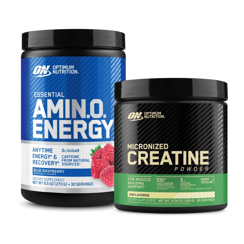 Optimum Nutrition Amino Energy - Pré-entraînement avec thé vert, BCAA, acides aminés et poudre monohydratée micronisée de créatine, non aromatisée, amicale aux céto, 60 portions