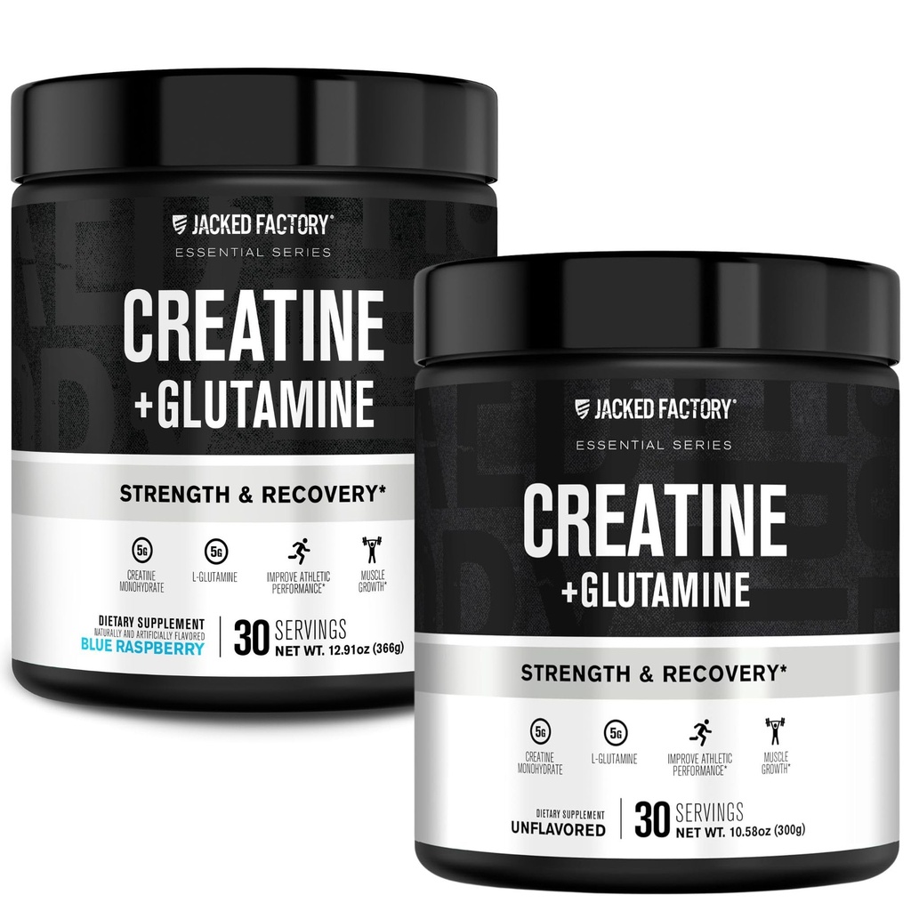 Créatine d'usine Jacked + Glutamine - supplément de créatine avec L-Glutamine pour la récupération musculaire, la croissance musculaire, la force accrue (30 portions, non aromatisées et 30 portions, framboise bleue)