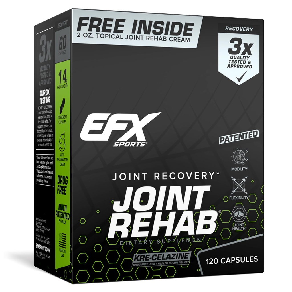 EFX Sports Joint Rehab Recovery Kit (Kre-Celazine®) pour la mobilité et la santé des articulations 120 capsules Kre-Alkalyn Creatine + 2 oz Crème topique
