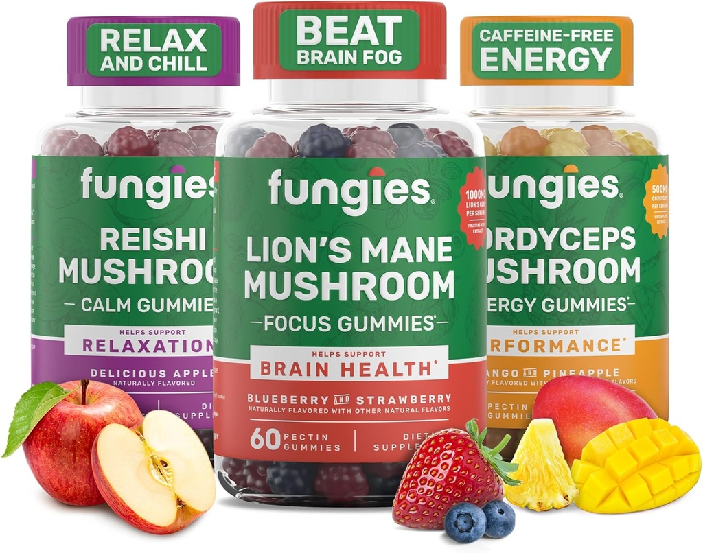 Fungies Gummy Gummy 3-Pack Bundle, Lion's Mane, Cordyceps et Reishi Gummi pour les adultes - Gummies de champignons soutient la santé cérébrale, la santé de Gut, l'énergie et le bien-être quotidien - 180 services
