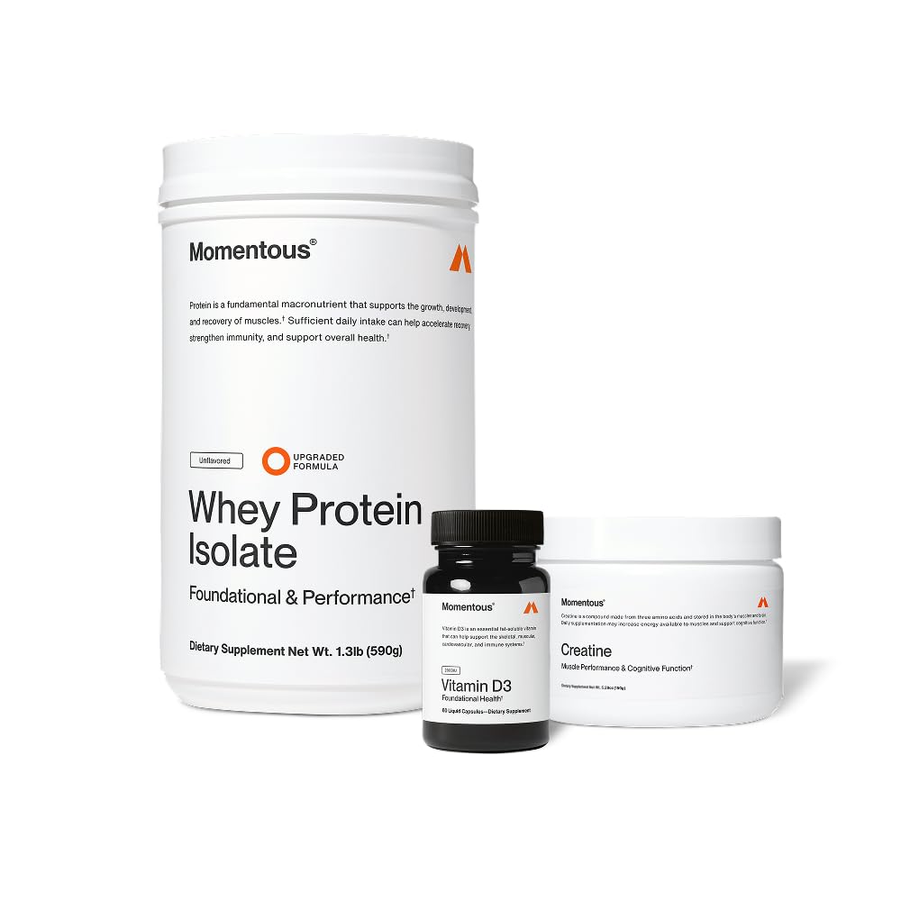 Momentous Arnold's Stack - Poudre monohydratée de créatine, poudre essentielle de protéines de lactosérum (non aromatisée) et vitamine D3 (2000 UI) - Fondements quotidiens pour soutenir la force musculaire et la longévité