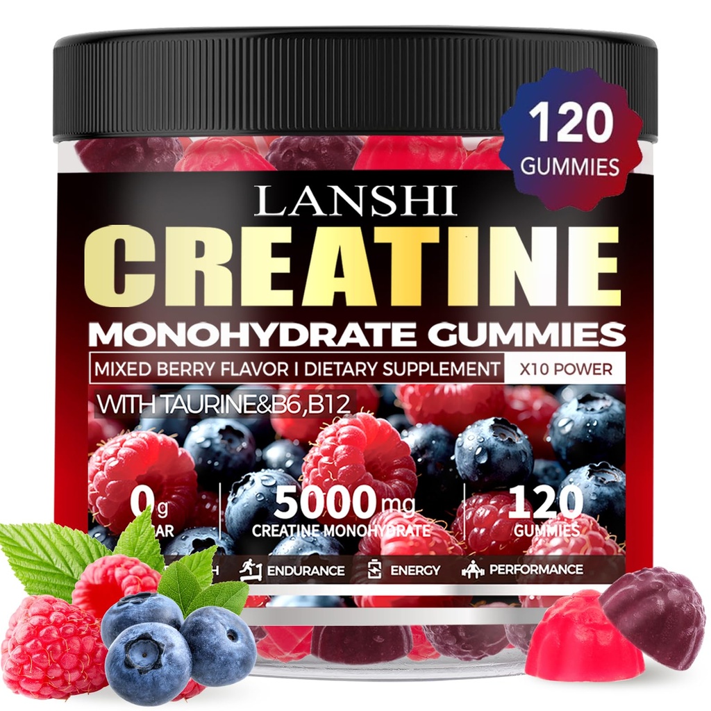 Gommies monohydratées de créatine 5000mg - Supplément de préentraînement sans sucre pour les hommes et les femmes, Gommies créatine pour les muscles, la force, la récupération, la santé cognitive et la mémoire, mélange d'arôme de baie, 120 comte