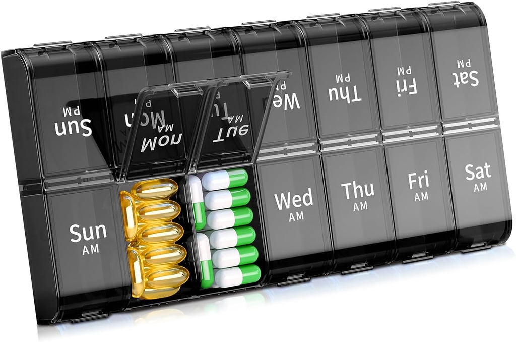 XL Large Weekly Pill Organizer 2 fois par jour, Extra Big 7 Day Pill Box Am Pm, Daily Pill Case Medicine Organizer avec 14 compartiments, Day Night Pill Container pour les huiles de poisson, vitamine, supplément