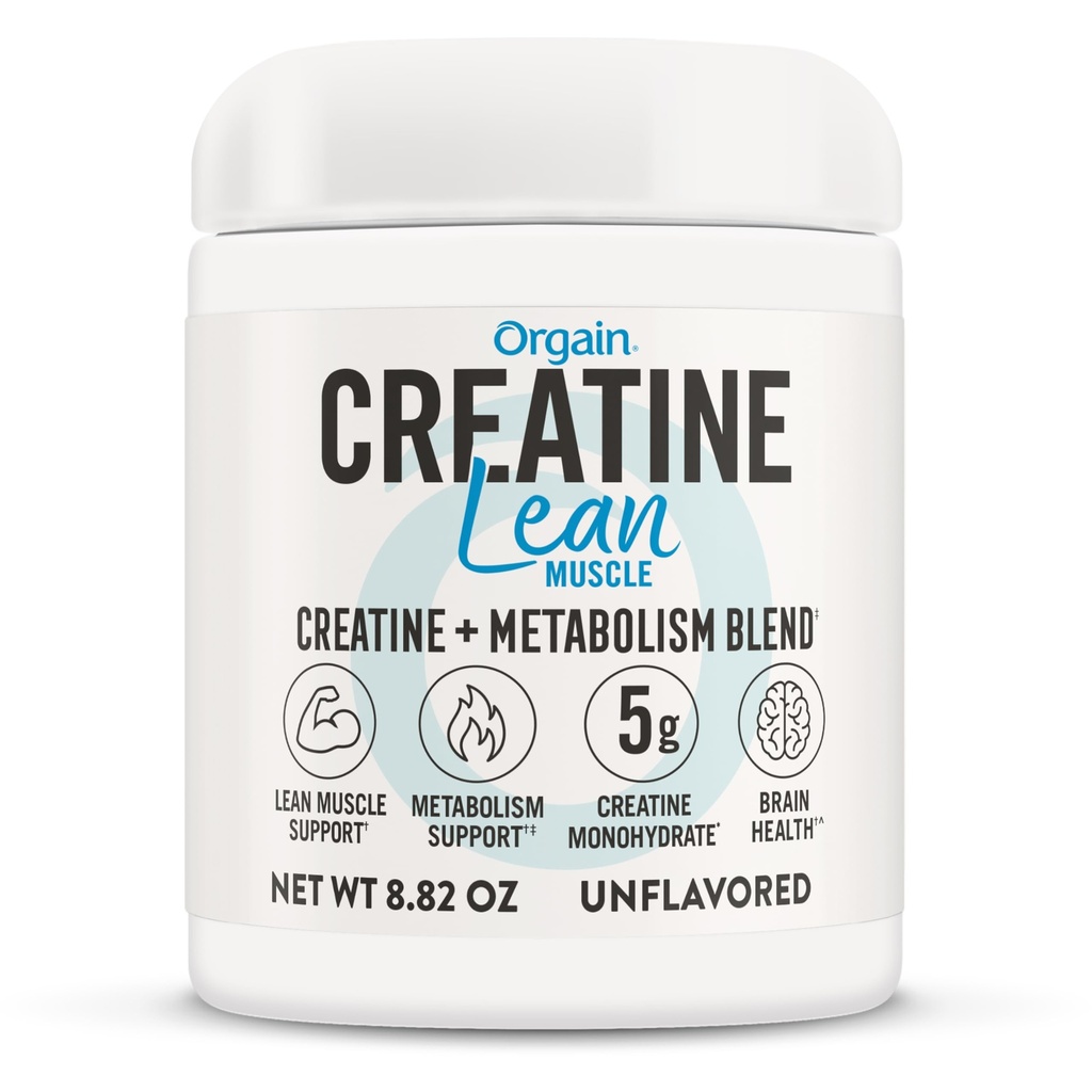 Orgaine Micronized Creatine Monohydrate Lean Poudre musculaire avec mélange de métabolisme, Sans arôme, 50 portions, soutient la force musculaire et la santé du cerveau, pas de lait ou de soja, sans gluten, végétalien