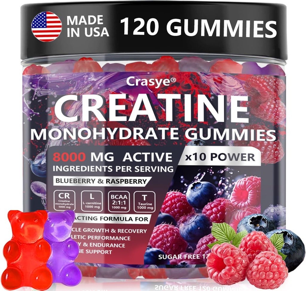 Creatine Gummies Complex 8000mg pour les hommes et les femmes Creatine Monohydrate Gummy avec BCAA Taurine pour la force musculaire et l'énergie Boost sucre sans supplément de pré-entraînement - 120 Gummies