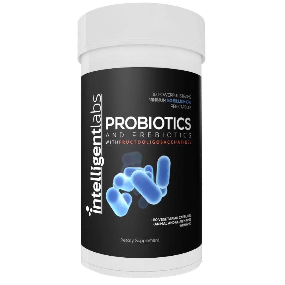 Laboratoires intelligents 50 milliards CFU probiotique avec prébiotiques, pas de réfrigération nécessaire, avec fibre solaire et FOS pour 10x Plus d'efficacité, 60 jours d'approvisionnement par bouteille, tiers vérifié pour la pureté