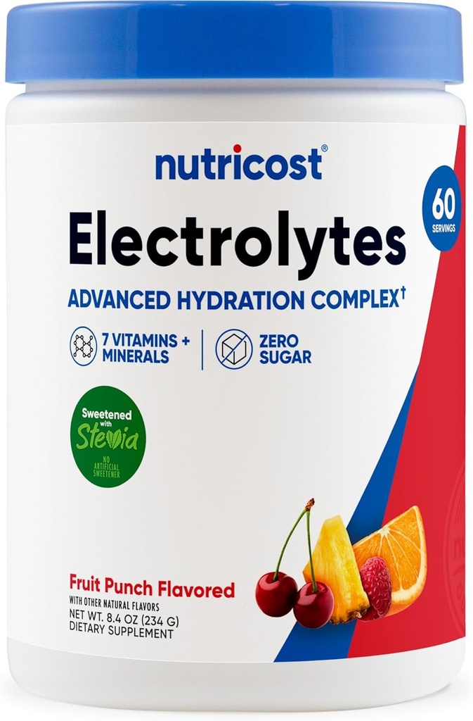 Poudre complexe d'électrolyte Nutricost (60 portions, punch de fruits) - Mélange de supplément d'hydratation avec vitamines et minéraux