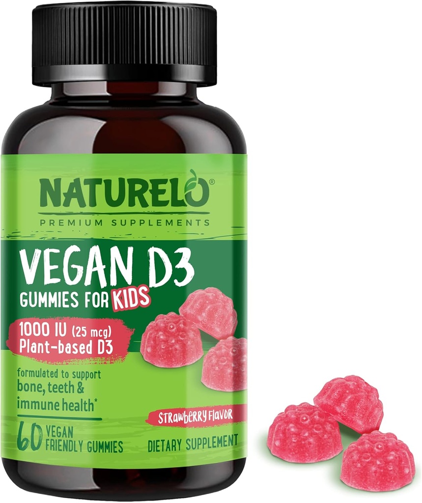 NATURELO Végétalien D3 Gummies pour les enfants - 1000 UI Vitamine D3 - Supplément alimentaire végétal entier pour les enfants de 4 ans et plus - 60 Végétaliens amis